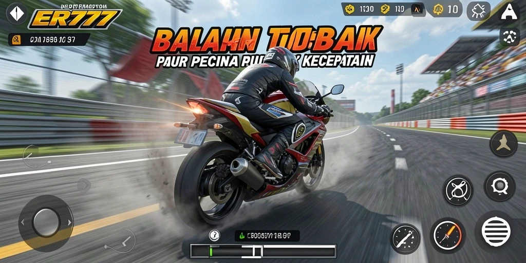Screenshot dari gameplay dalam balapan motor yang mendebarkan.